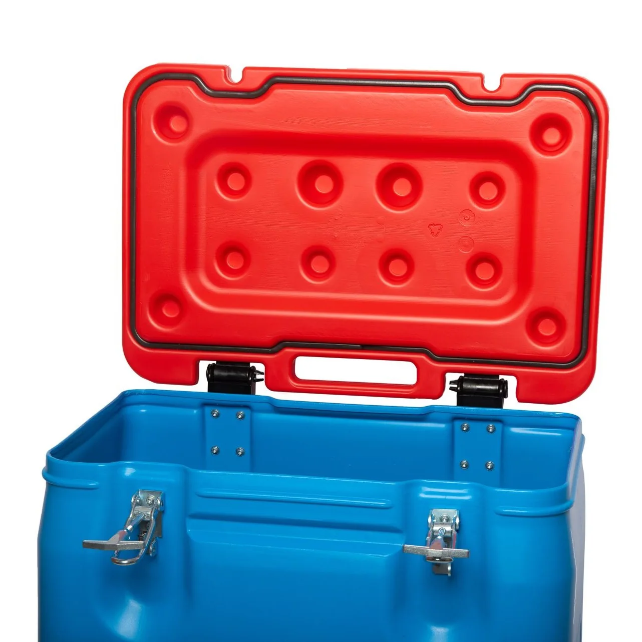 RollBox Clean Tex aperto, con coperchio rosso e contenitore blu